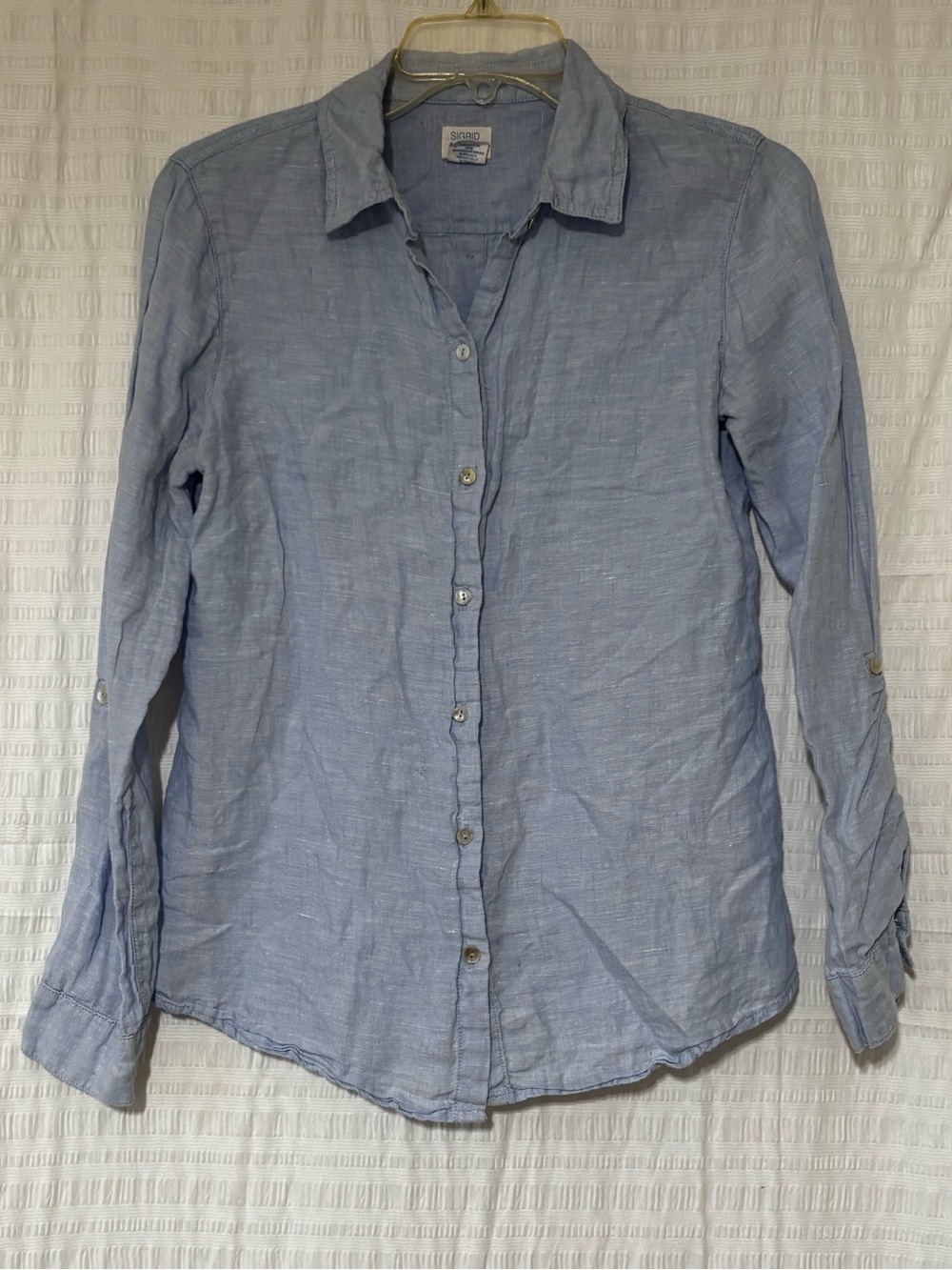 Sigrid Olsen Sky Blue 100% Linen Shirt Sz Small - Picture 8 of 9